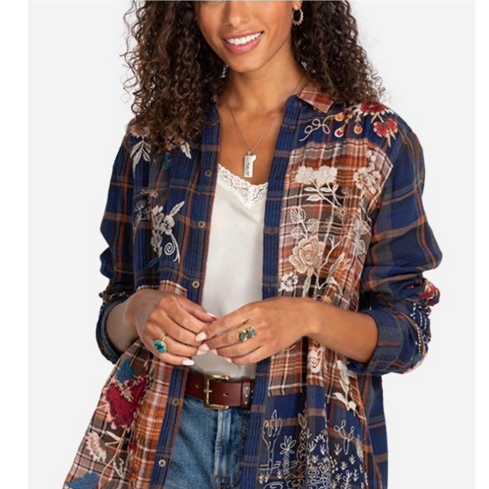 Johnny Was Workshop Shirt Womens S Multi Plaid Embroidered Patchwork W14721-8